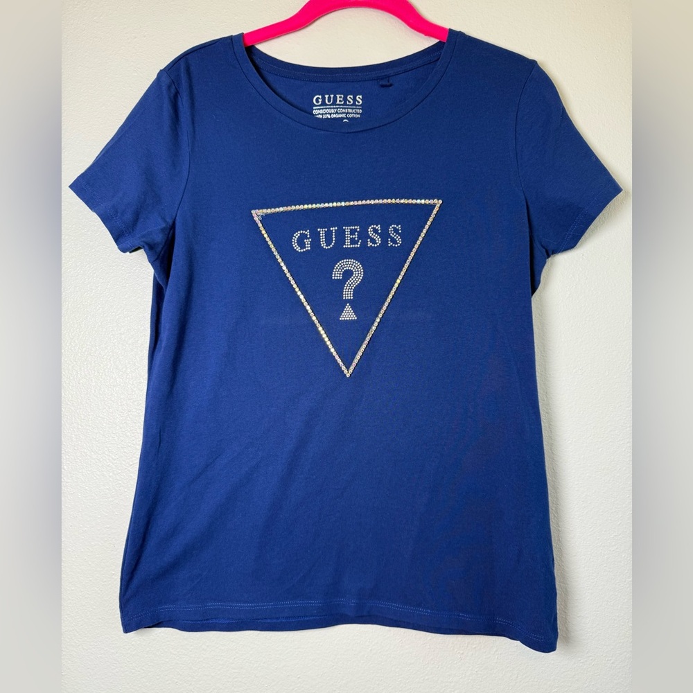 Guess Blue Logo Crewneck Tee with Metallic Print